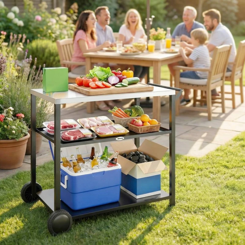 Image of OUTSUNNY Outdoor Grill Cart, Food Prep Table on Wheels, Black Unisex