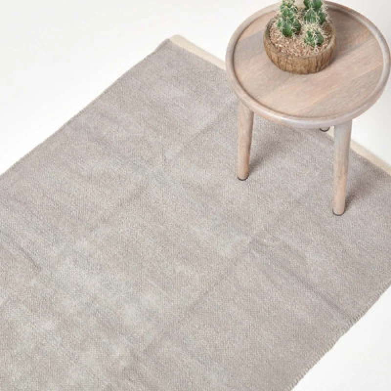 Image of Homescapes Light Grey 100% Cotton Plain Chenille Rug With Natural Trim, 60 X 100 Cm