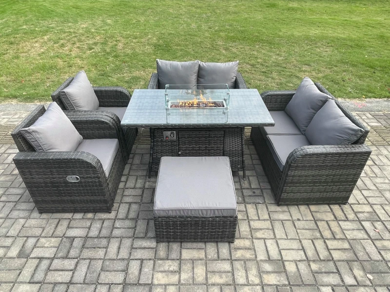 Image of Fimous 7 Seater Rattan Garden Furniture Set Propane Gas Fire Pit Table and Sofa Chair set with Big Footstool Dark Grey