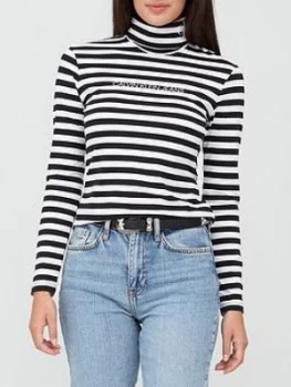 Image of Calvin Klein Jeans Stripe Long Sleeve Roll Neck Top - White