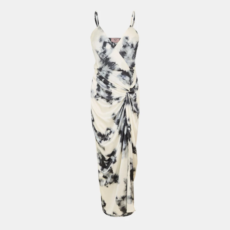 Image of AX Paris Marble Print Strappy Wrap Top Knot Skirt Midi Dress Blk/Wht female 8 (XS)
