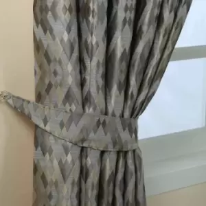 Image of HOMESCAPES Grey Jacquard Geometric Curtain Tie Back Pair - Grey and Gold