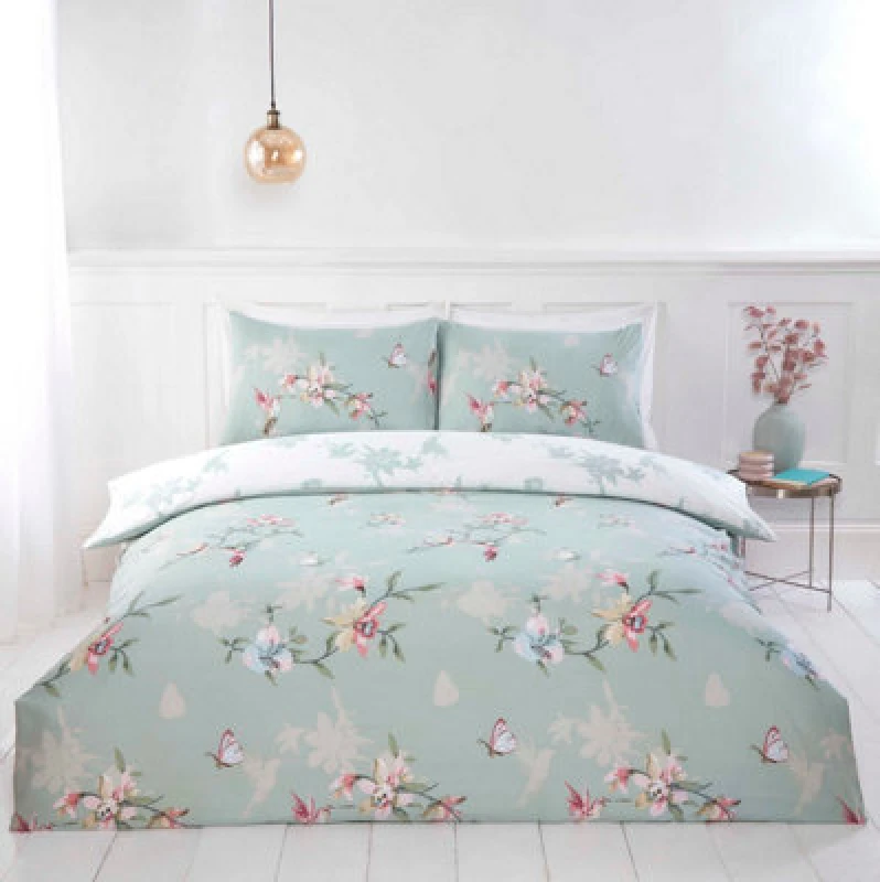Image of Rapport Home Hummingbird Microfibre Floral Duvet Cover Set With Pillowcase in Green Size: Double Green Unisex Double