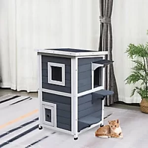 Image of PawHut Wooden Cat House 2-Floor with Window Grey