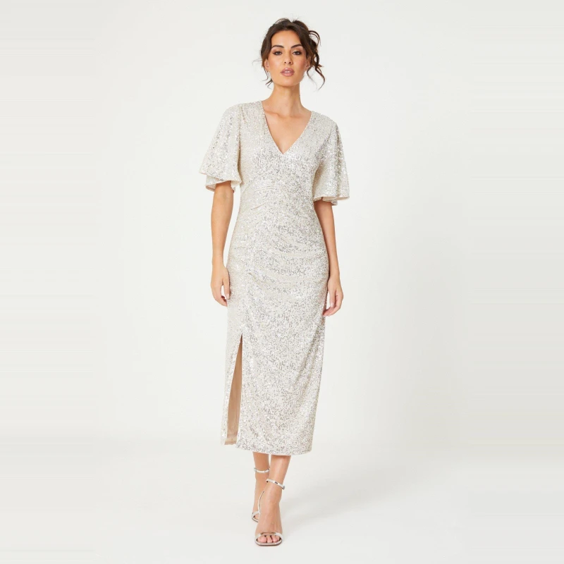 Image of Be You Sequin V Neck Midi Dress - Silver Silver 14