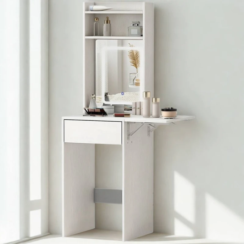 Image of Pirlo Plush 1 Drawer Drop Leaf Dressing Table With Mirror & LED Lights in White White Unisex