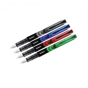 Image of Zebra Fountain Pen Assorted Black Blue Red Green Pack 4