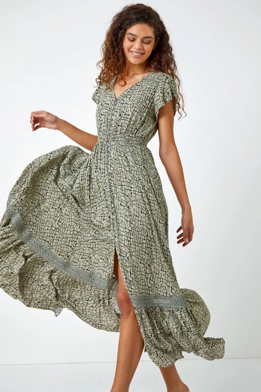 Image of Roman Womens Scribble Print Button Through Maxi Dress in Khaki Size: 12 Khaki Female 12