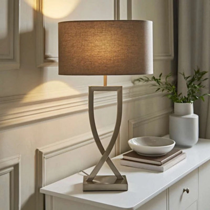 Image of VALUELIGHTS Metal Industrial Tall Table Lamp Base Living Room Light Oval Fabric Lampshade - Brushed Chrome - No Bulb 26452