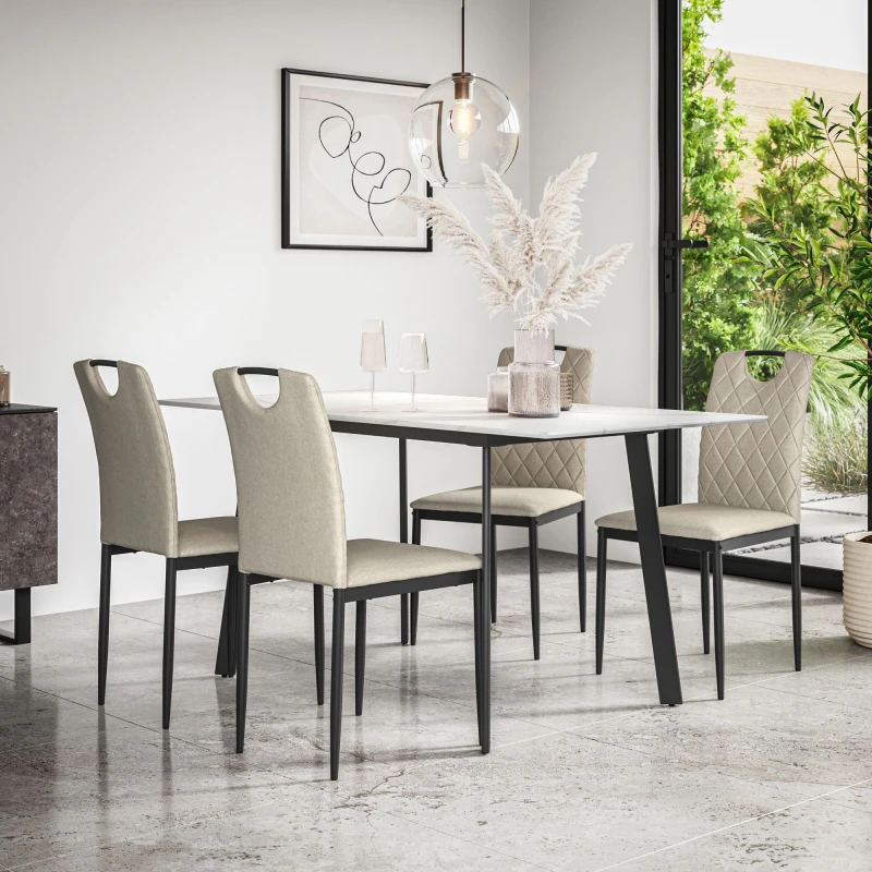 Image of More4Homes Haydon Extending Dining Table + Chairs- White Marble Effect Table Top W Black Legs + Monza Linen Dining Chair Set Of 4 (Beige)