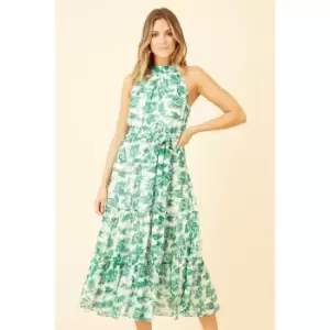 Image of Yumi Green Leaf Print Halter Neck Midi Dress - Green