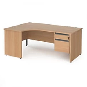 Image of Dams International Left Hand Ergonomic Desk with 2 Lockable Drawers Pedestal and Beech Coloured MFC Top with Graphite Panel Ends and Silver Frame Corn