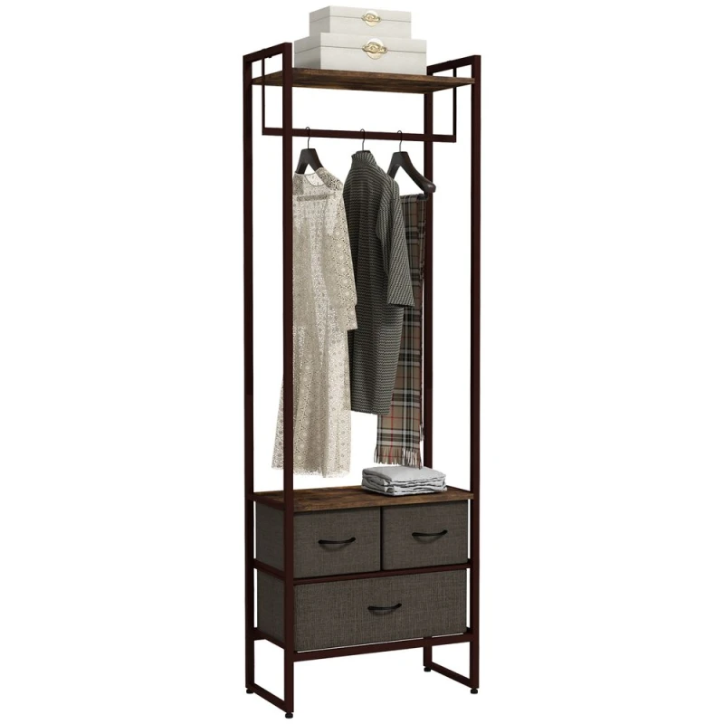 Image of HOMCOM Free Standing Clothes Rail Garment Rack with 3 Fabric Drawers Brown