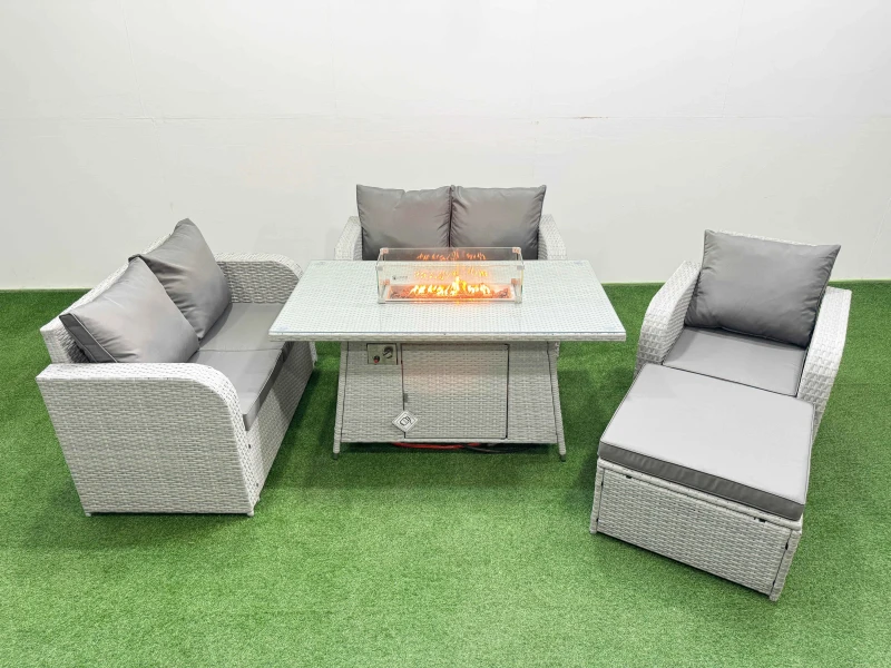 Image of Fimous High Back Poly Rattan Garden Furniture Set with Reclining Chair Loveseat Sofa Firepit Dining Table Indoor Outdoor Patio Set Big Stool Light Gr