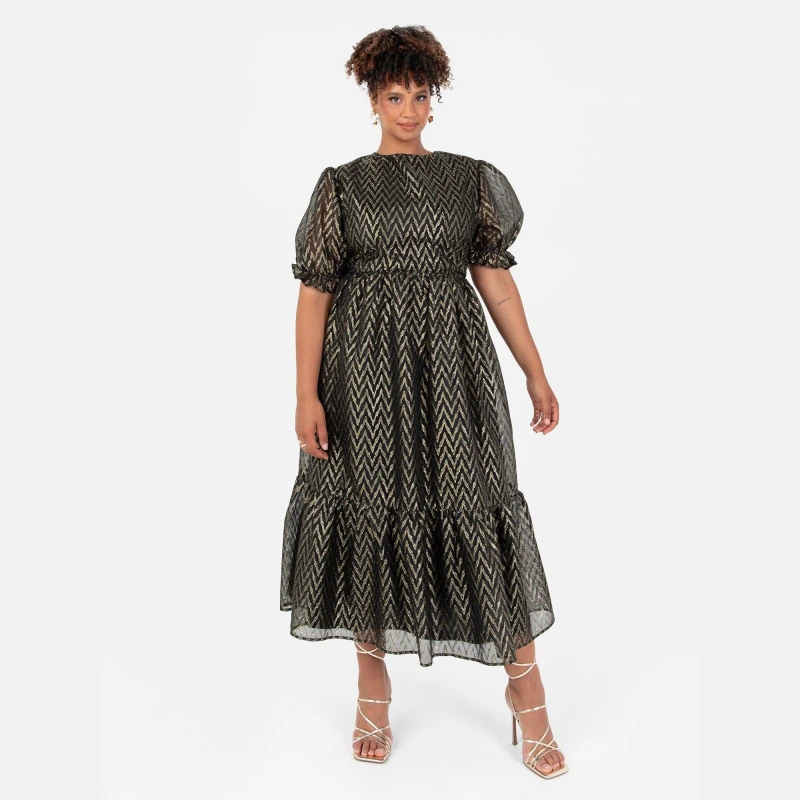 Image of Lovedrobe Lovedrobe Metallic Zig-Zag Tie-Back Midi Dress Gold female 10 (S)