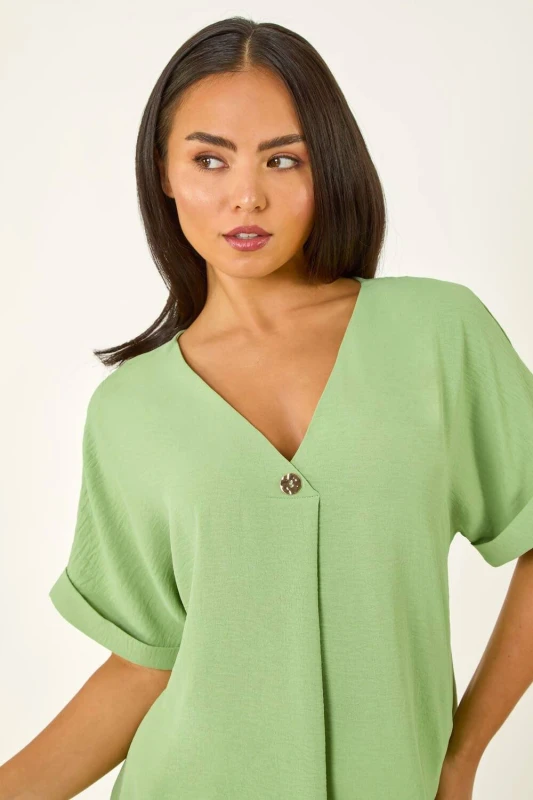 Image of Roman Womens Petite One Buttoned V-Neck Top in Green Size: 14 Green Female 14
