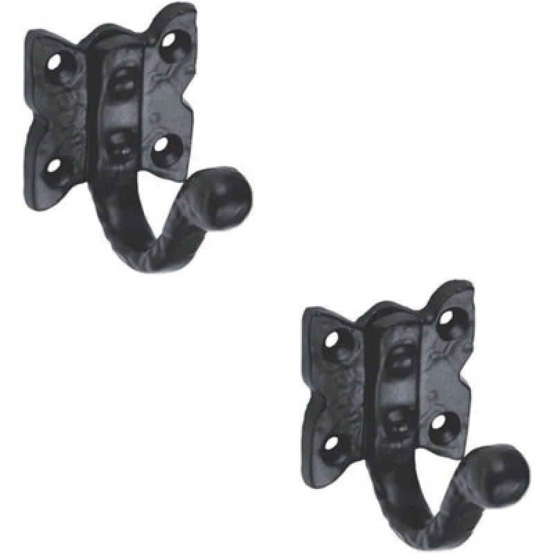 Image of Loops 2x Single Ornate Wardrobe Hook on Butterfly Backplate 47mm Proj Black Antique Black