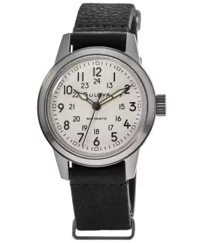 Image of Bulova Hack Automatic Ivory Dial Black Leather Strap Mens Watch 96A246 96A246