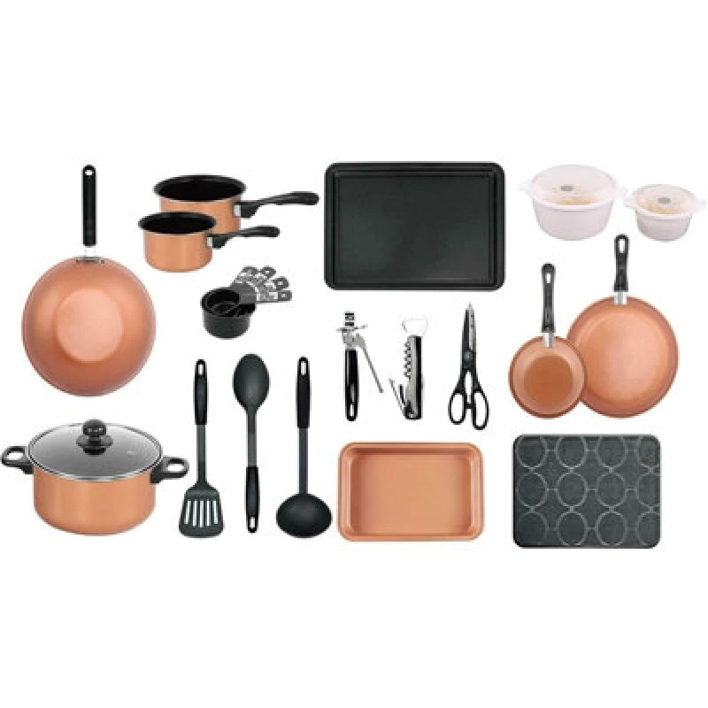 Image of Gr8 Home Copper 21 Pcs Kitchen Cookware Saucepan Utensil Pot Pan Bakeware Starter Set