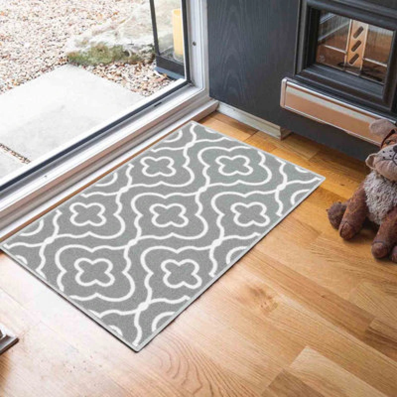 Image of Machine Washable Quatrefoil Design Anti Slip Doormats Grey 50X80 Cm