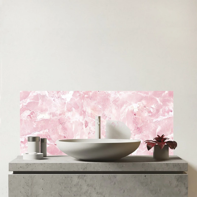 Image of Warren Reed - Designer Polished Pink Quartz Effect Glass Bathroom Splashback Pink Unisex