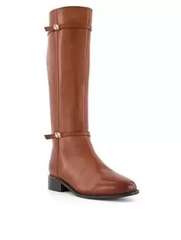 Image of Dune London Wide Fit Tap Leather Buckle Trim Knee High Boot - Tan, Size 5, Women