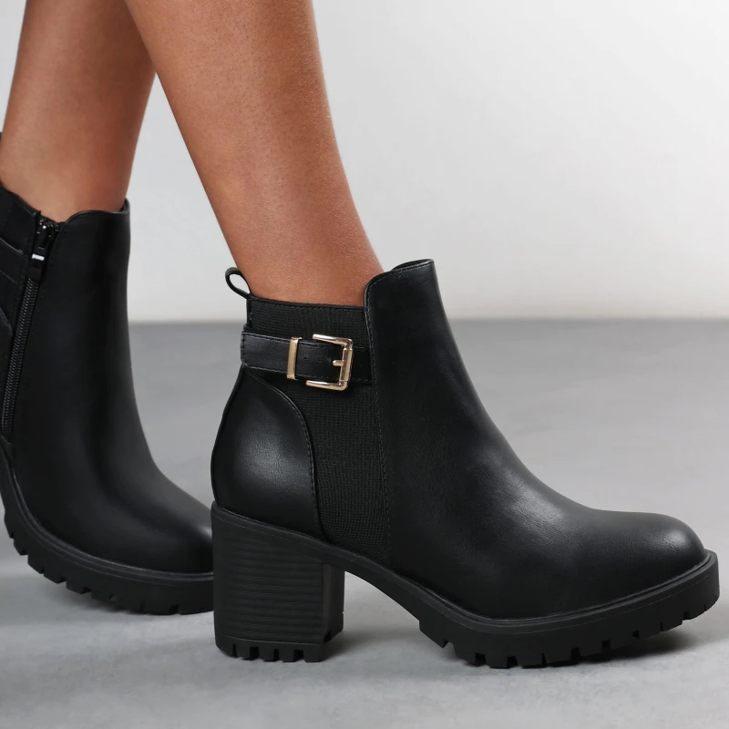 Image of Wheres That From Wheres Chunky Heel Ankle Boots with Buckle Black PU female 8 (41)