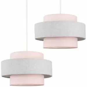 Image of 2 x Ceiling Pendant Light Shades In A Pink & Grey Herringbone Finish