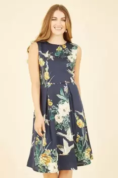 Image of Navy Crane Print Skater Dress