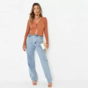 Image of Missguided Rib Lettuce Hem Cardigan - Brown