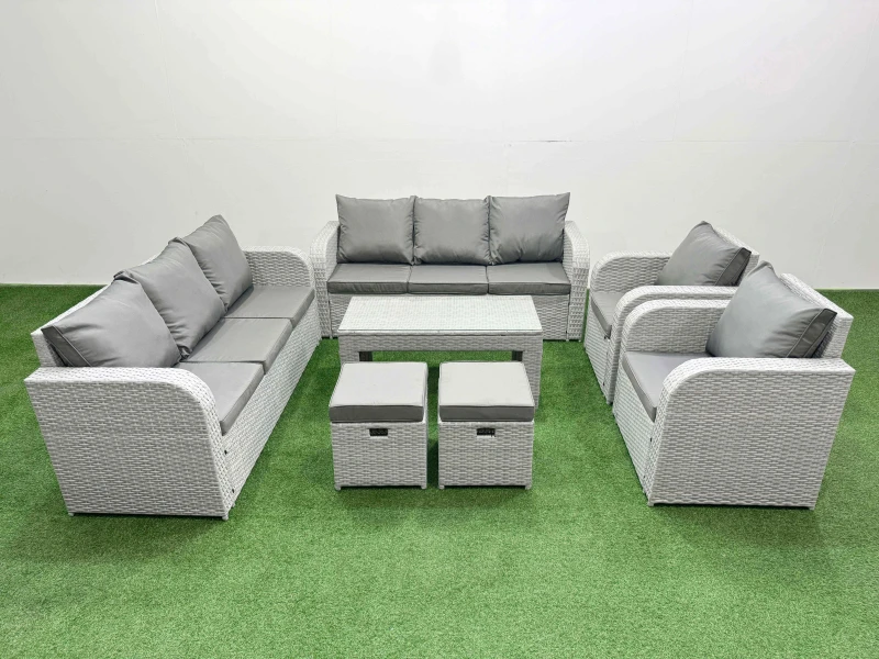 Image of Fimous PE Rattan High Back Lounge Sofa Set Patio Oblong Coffee Table & Chairs Set with 3 Seater Sofa Reclining Chair Stools Light Grey Light Grey