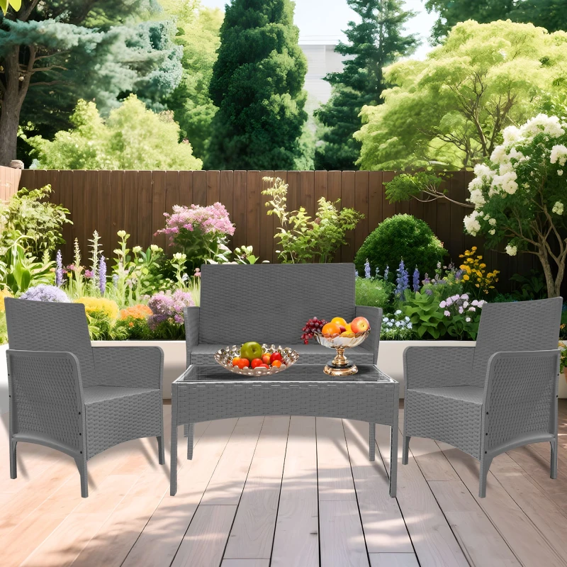 Image of Alivio 4 Piece Rattan Furniture Set with Coffee Table for Indoor Outdoor Patio (Grey) in Grey Grey Unisex