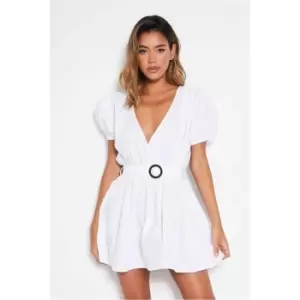 Image of I Saw It First White Puff Sleeve Belted Skater Dress - White