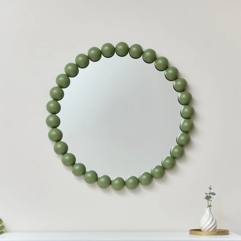Image of Melody Maison Large Round Olive Green Bobble Bobbin Wall Mirror 80cm X 80cm Light Green