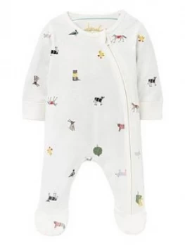 Image of Joules Baby Unisex Farm Print Zip Babygrow - White, Size Age: First Size