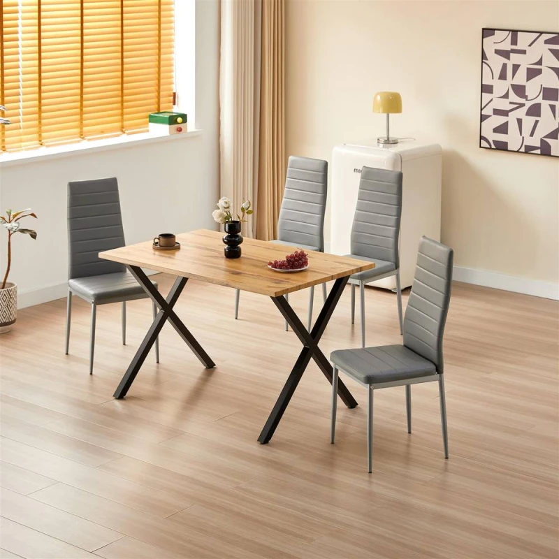 Image of KOSY KOALA Wooden Dining Table with 4 Grey Leather Chairs - Dining Kitchen Room Furniture in Brown Brown Unisex