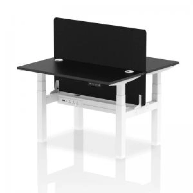 Image of Air Back - to - Back 1200 x 600mm Height Adjustable 2 Person Bench Office Desk Black Top - Cable Ports White Frame - Black Straight Screen