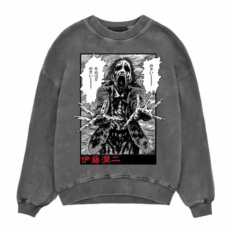 Image of Junji-Ito Ghoul Acid Wash Sweatshirt Black unisex
