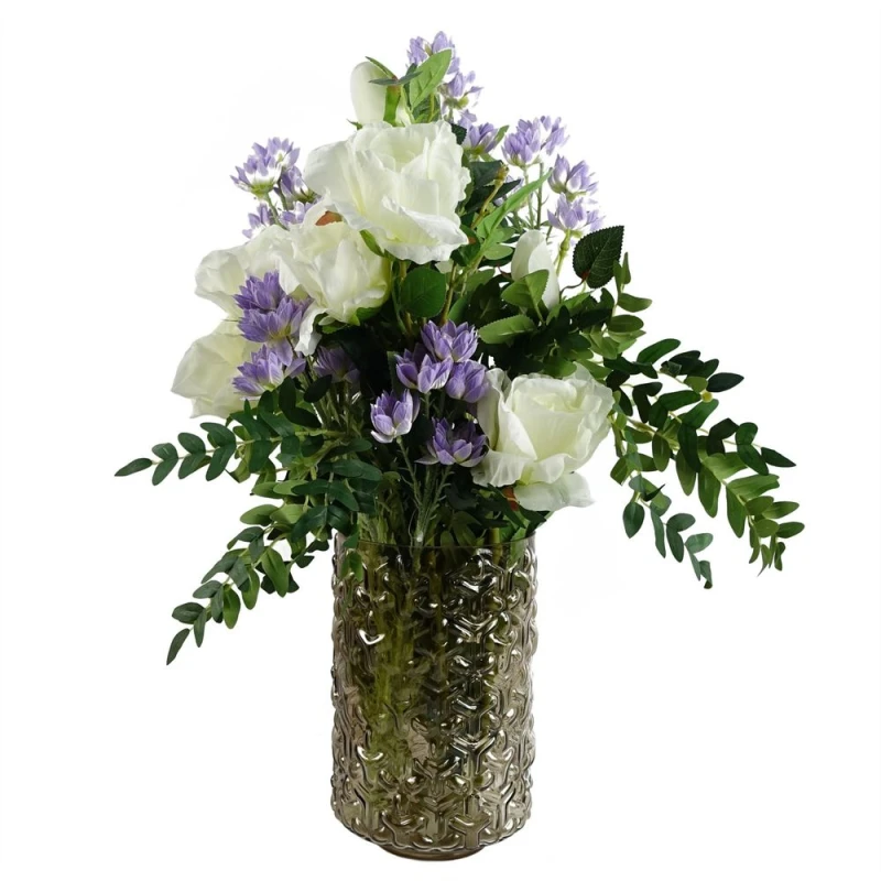 Image of Leaf 60cm White Rose Purple Starflower Display Glass Vase