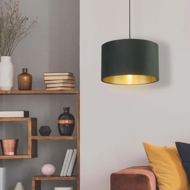 Image of Lighting Collection GREEN VELVET DRUM SHADE & GOLD INNER (D40cm) Green unisex One Size