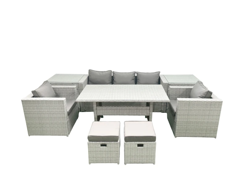 Image of Fimous Garden Dining Set Outdoor Rattan Furniture Set with Sofa Dining Table 2 Chairs 2 Small Footstools 2 Side Tables Light Grey Mixed Light Grey
