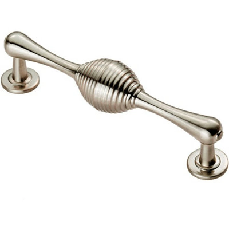 Image of Loops Reeded Beehive Handle on Round Rose and Stem 128mm Fixing Centres Satin Nickel Metallics