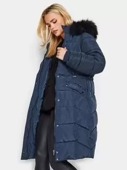 Image of PixieGirl Petite Faux Fur Trim Padded Coat, Blue, Size 6, Women