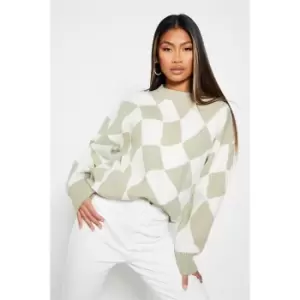 Image of I Saw It First Warped Check Oversized Knitted Jumper - Green