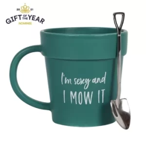 Image of I'm Sexy and I Mow It Green Plant Pot Mug and Shovel