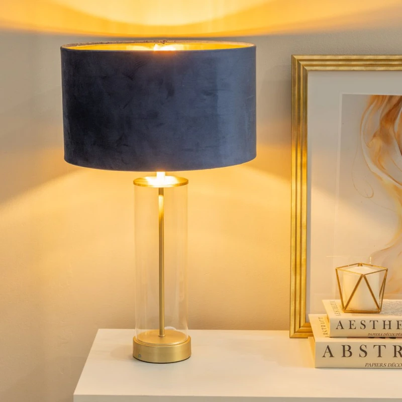 Image of ValueLights ValueLights Balan Glass with Gold Table Lamp and Velvet with Metallic Gold Inner Shade in Dark Navy Dark Navy One Size Unisex 505940606190