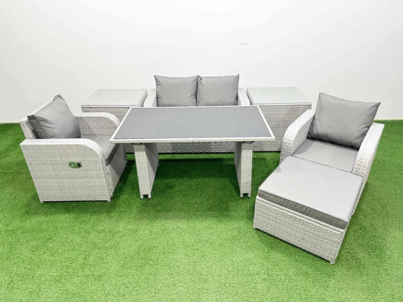 Image of Fimous Outdoor Rattan Garden Furniture Dining Set 5-seater with 2 Side Table in Light Grey Light Grey Unisex