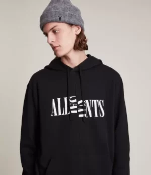 Image of AllSaints Mens Nico Pullover Hoodie, Jet Black, Size: L