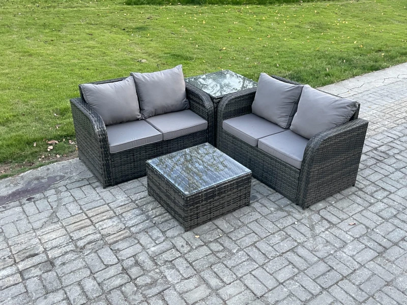 Image of Fimous Rattan Sofa Set Outdoor Garden Furniture Set with Square Coffee Table Loveseat Sofa Side Table Dark Grey Mixed Dark Grey