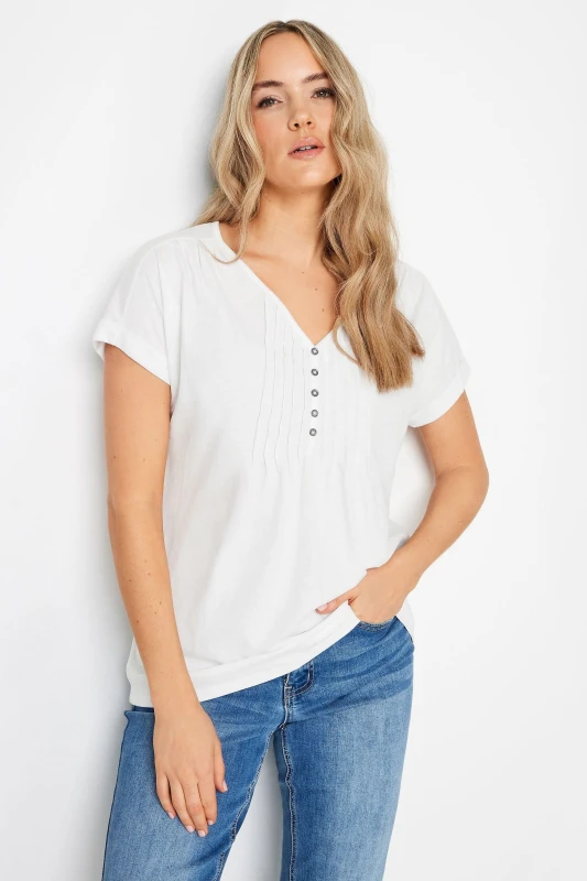 Image of Long Tall Sally Womens Tall Cotton Henley T-Shirt in White Size: 12 White Female 12